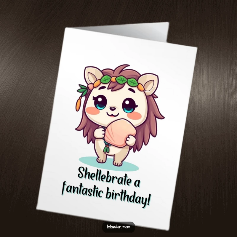 Funny Free Printable Birthday Card: A cute islander animal beaming with a smile, offering a beautiful seashell as a gift.