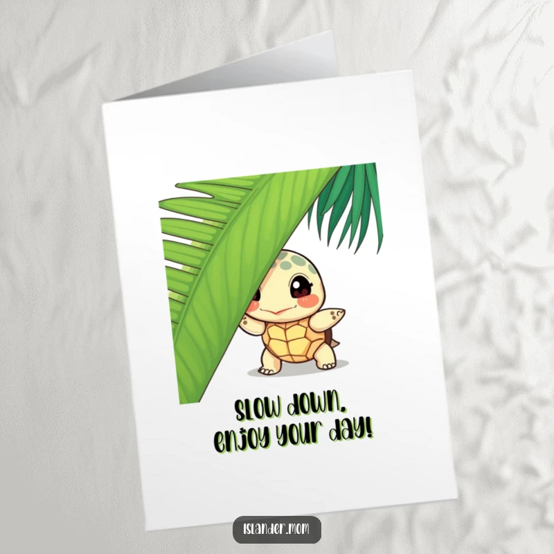 Funny Free Printable Birthday Card: Curious island turtle peeks from behind a palm leaf, wishing happy birthday.