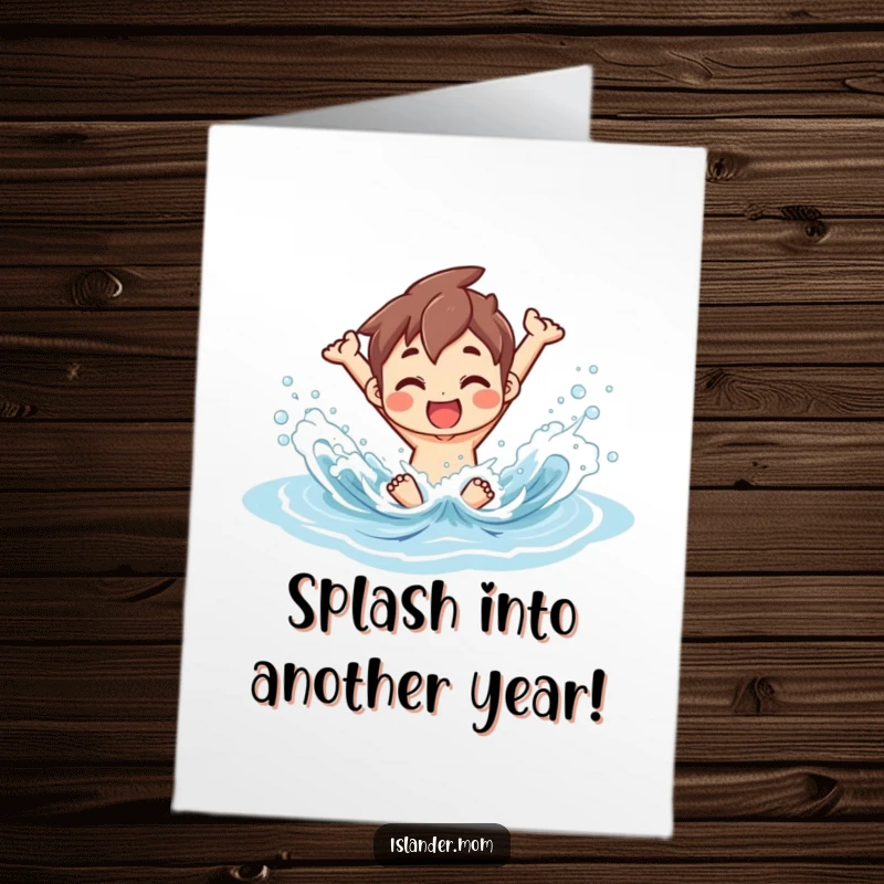 Funny Free Printable Birthday Card: An islander happily splashing in gentle ocean waves, perfect for a fun birthday.