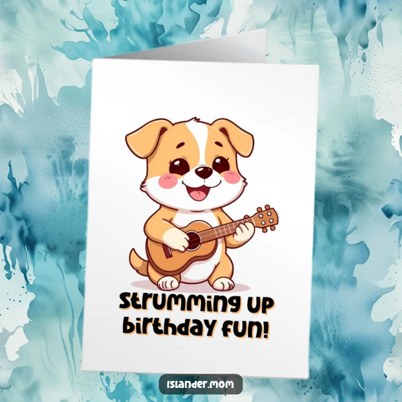 Funny Free Printable Birthday Card: Dog playing a ukulele with a happy, focused expression, creating a festive tune.