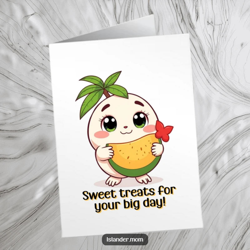 Funny Free Printable Birthday Card: Round island creature with big eyes offers a tropical fruit, sweetly.