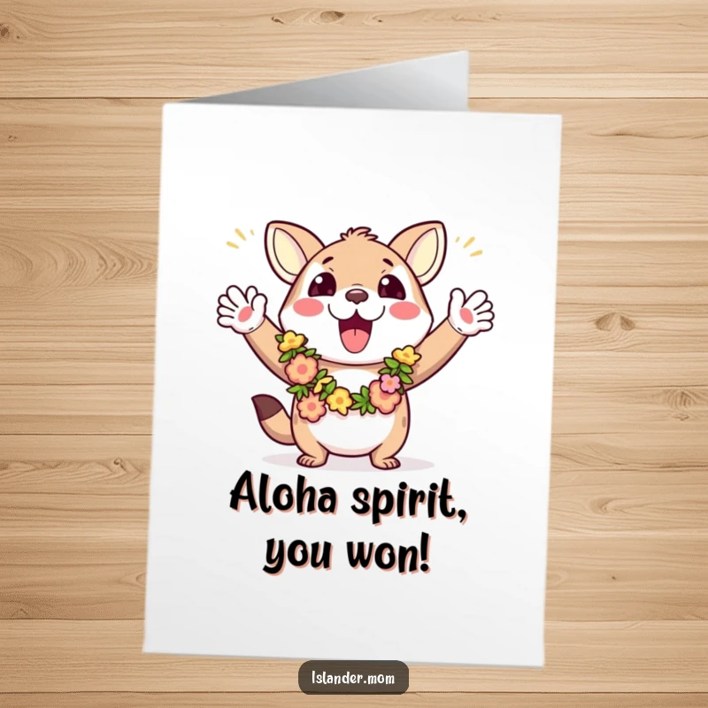 Funny free printable congratulations card featuring an animal in leis, enthusiastically waving arms and cheering for a big win.