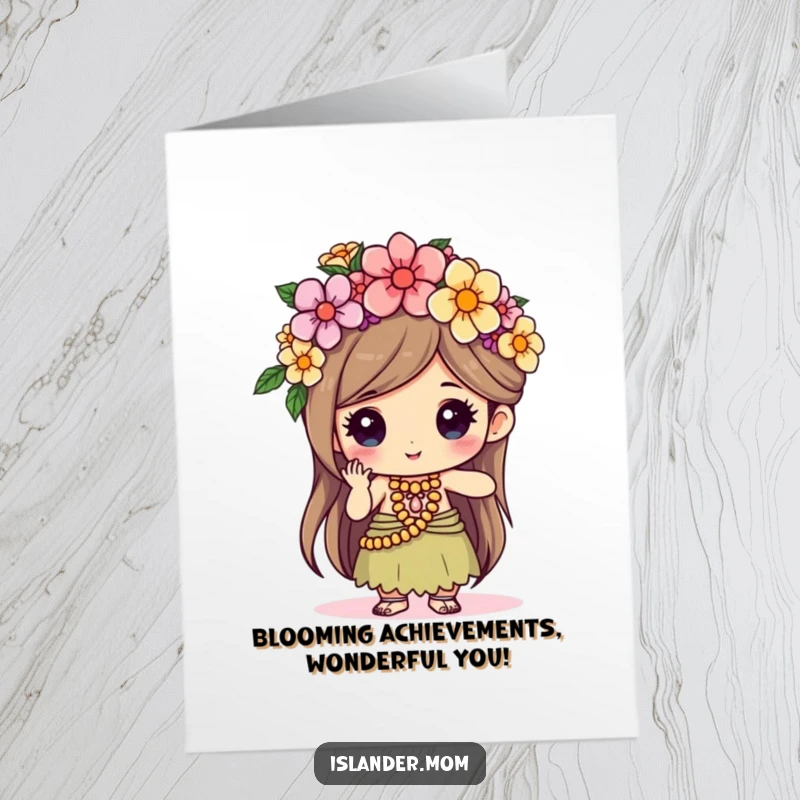 Funny Free Printable Congratulations Card: Kawaii islander crafts a flower crown, beaming with focused delight.
