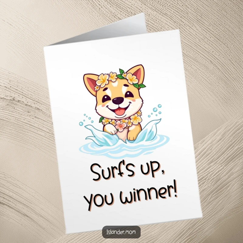 Funny Free Printable Congratulations Card: A smiling islander dog in a lei splashes happily in gentle waves, celebrating success.