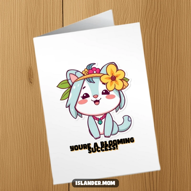 Cheerful Free Printable congratulations card of a smiling islander mom animal figure with a flower adorning her hair, ready to celebrate.