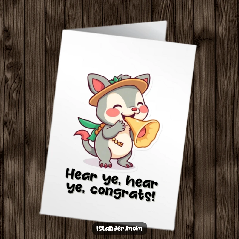 Funny Free Printable Congrats Card: Energetic islander animal character blasting a conch shell, announcing great news.