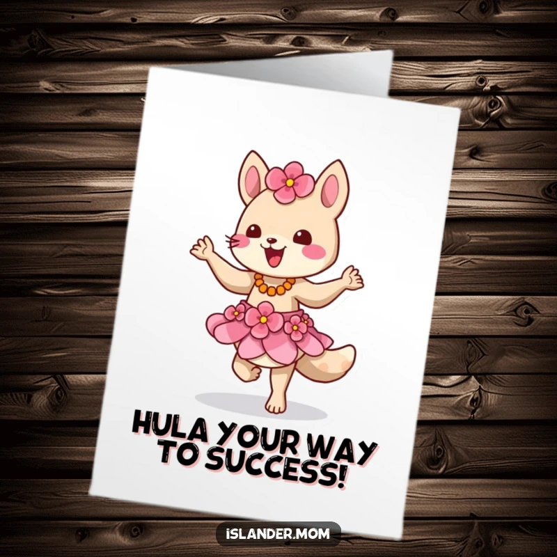 Funny Free Printable Congratulations Card: Islander animal in a flower skirt dancing ecstatically to celebrate success.