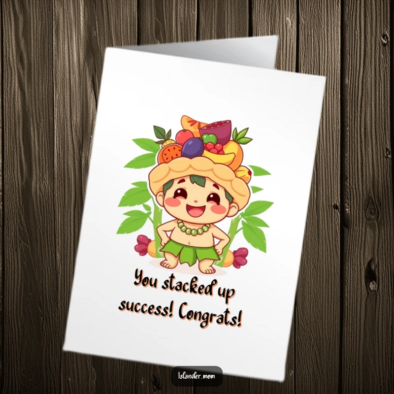 Funny Free Printable Congratulations Card: A smiling islander character perfectly balances a stack of fruit on their head, symbolizing a well-earned victory.