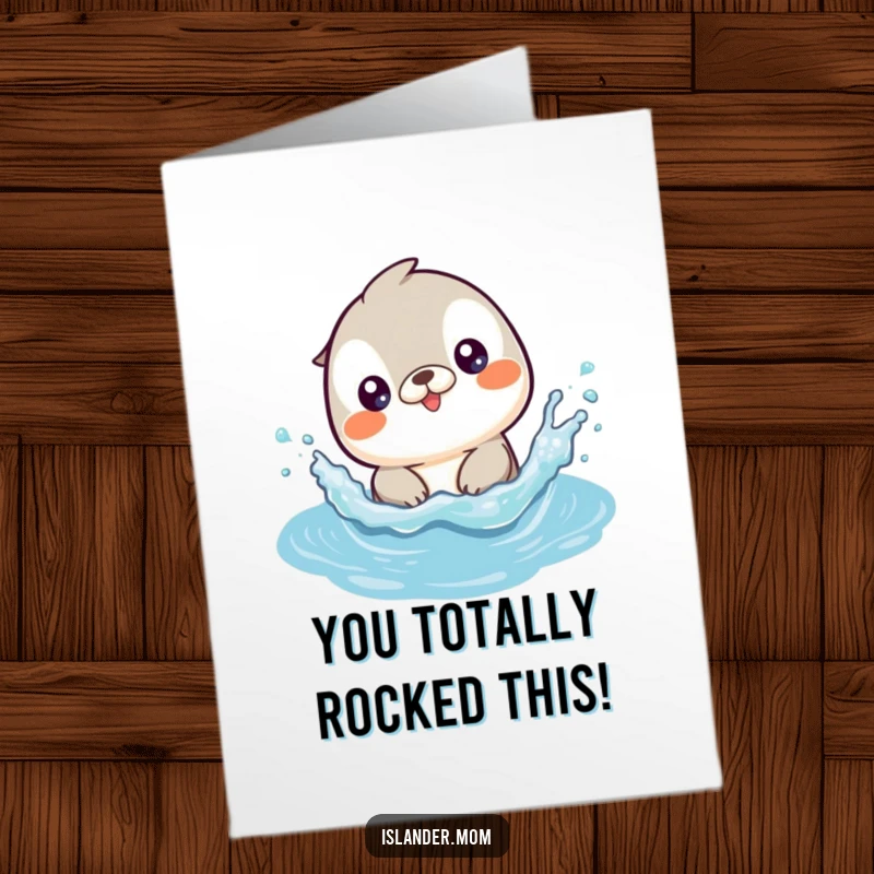 Funny free printable congratulations card showcasing a cute islander animal gleefully splashing in water, perfect for celebrating any win.