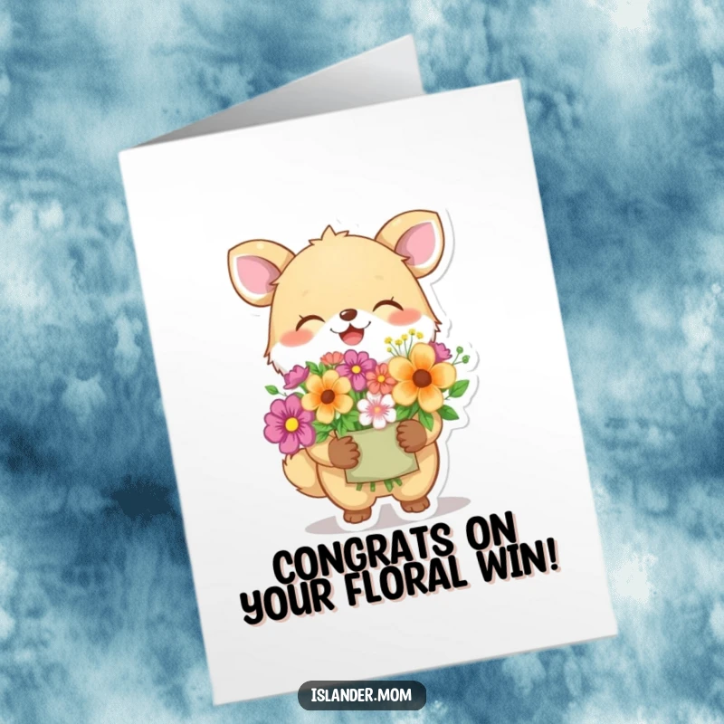 Funny Free Printable Congratulations Card: A giggling animal happily offers a vibrant flower gift, celebrating accomplishment with glee.