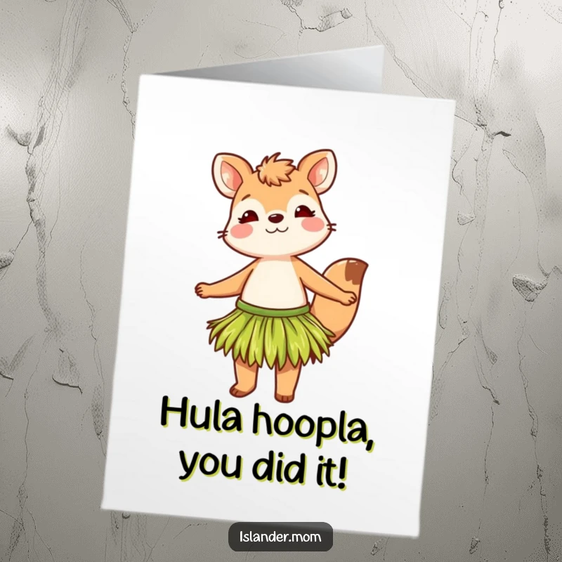 Funny free printable congratulations card of an animal in a grass skirt dancing joyfully, perfect for celebrating achievements with island vibes.