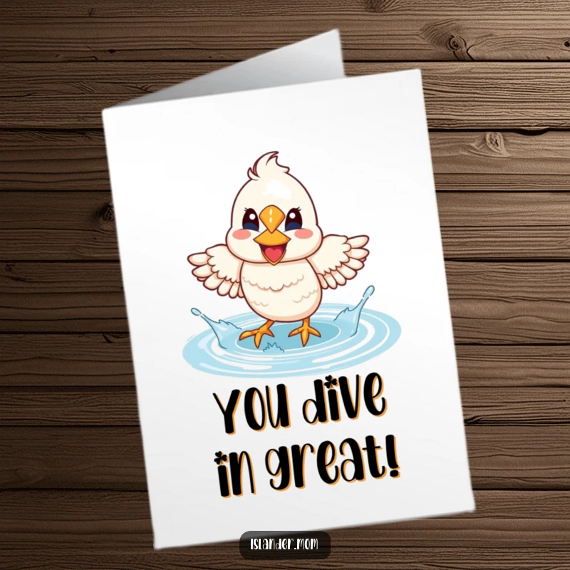Funny Free Printable congratulations card of a mama bird with a wide smile, splashing water with its feet in a lagoon, celebrating success.