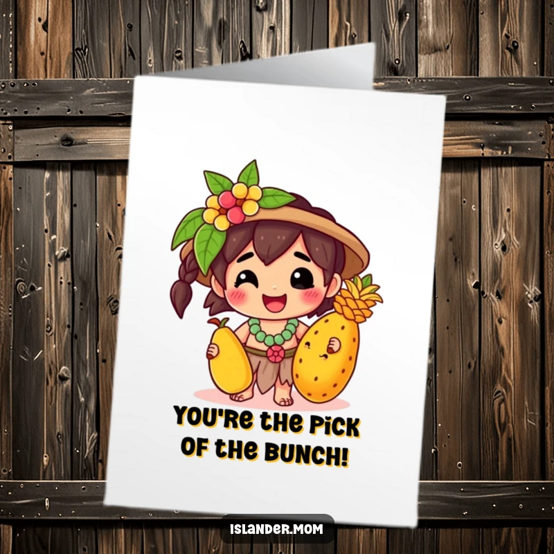 Funny Free Printable Congrats Card showing a Kawaii islander character holding a tropical fruit, radiating pure joy and accomplishment.