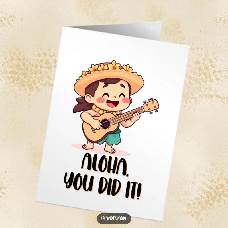 Funny Free Printable Congratulations Card: A smiling islander plays a ukulele, serenading success with cheerful island music.