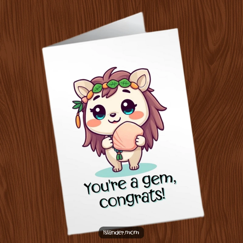 Funny Free Printable Congratulations Card: A cute islander animal with a huge smile presents a lovely seashell.