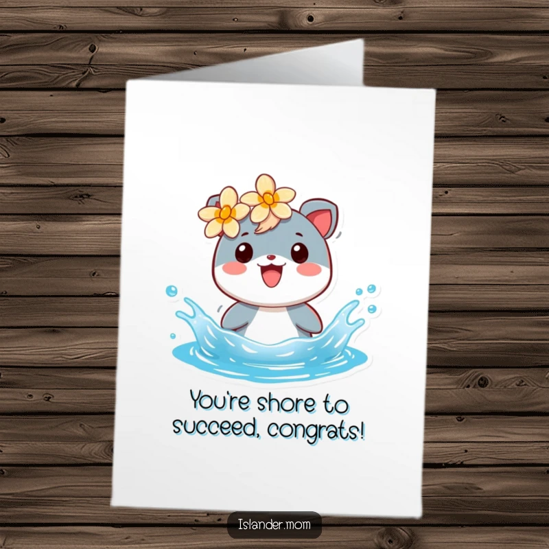 Funny Free Printable Congratulations Card: A happy islander animal with a flower behind its ear splashing joyfully in the blue water.
