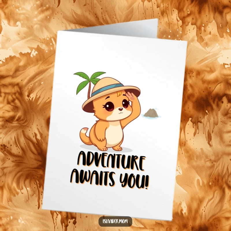 Funny free printable congratulations card: an islander mom animal shading her eyes, looking towards a hopeful distant island.