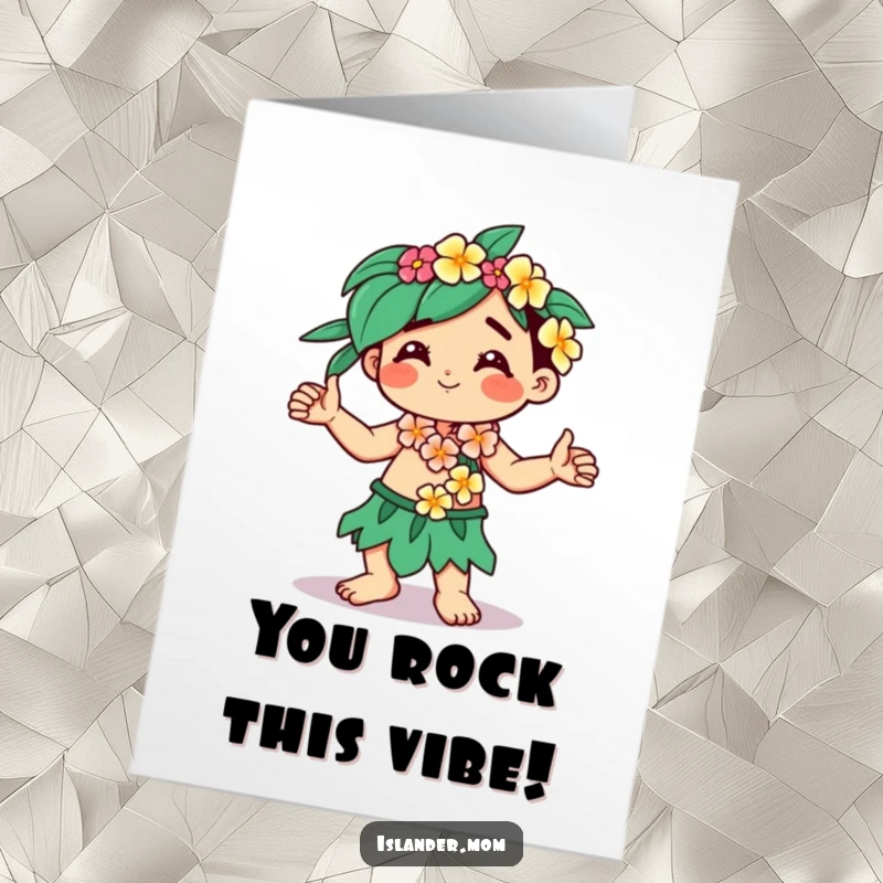 Funny Free Printable Congrats Card: A kawaii islander character wearing a lei dances with uninhibited joy and celebration.