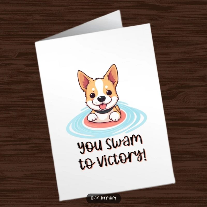Funny Free Printable Congratulations Card: Dog paddles enthusiastically in a serene blue lagoon, celebrating your amazing achievement.