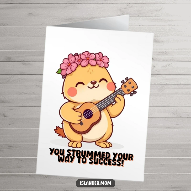 Funny free printable congratulations card showing a cute islander animal joyfully playing a miniature ukulele, perfect for celebrating achievements.