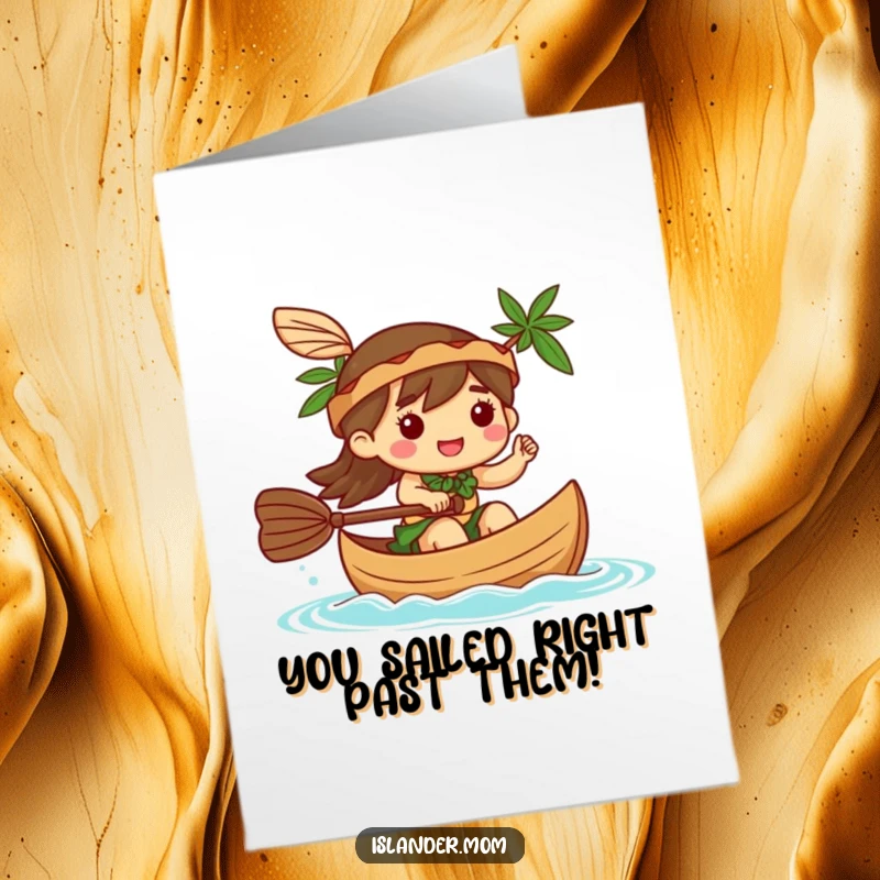 Funny Free Printable Congrats Card showing a Kawaii islander character paddling a canoe and waving, symbolizing a happy new beginning.