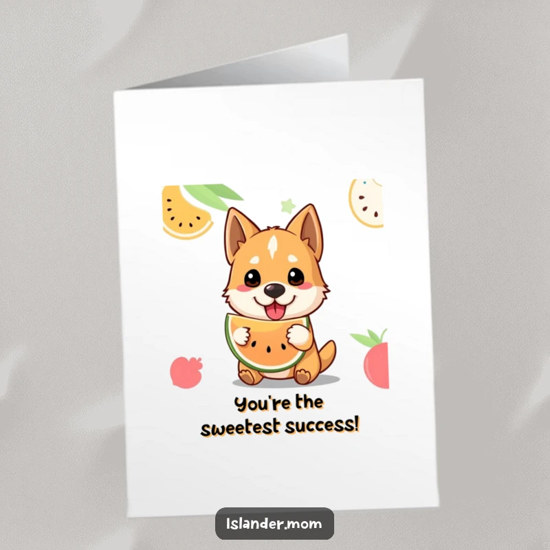 Funny Free Printable Congratulations Card: Dog extends a slice of tropical fruit with a friendly, welcoming gesture, celebrating you.
