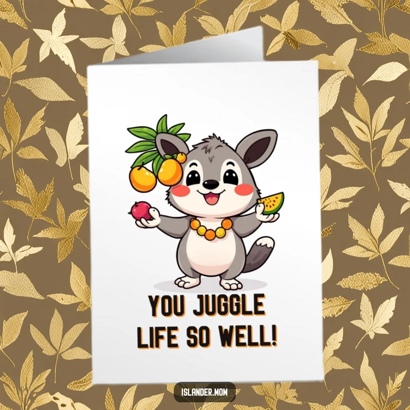 Funny Free Printable Congratulations Card: Kawaii islander animal skillfully juggling a variety of bright fruits, beaming with happiness.