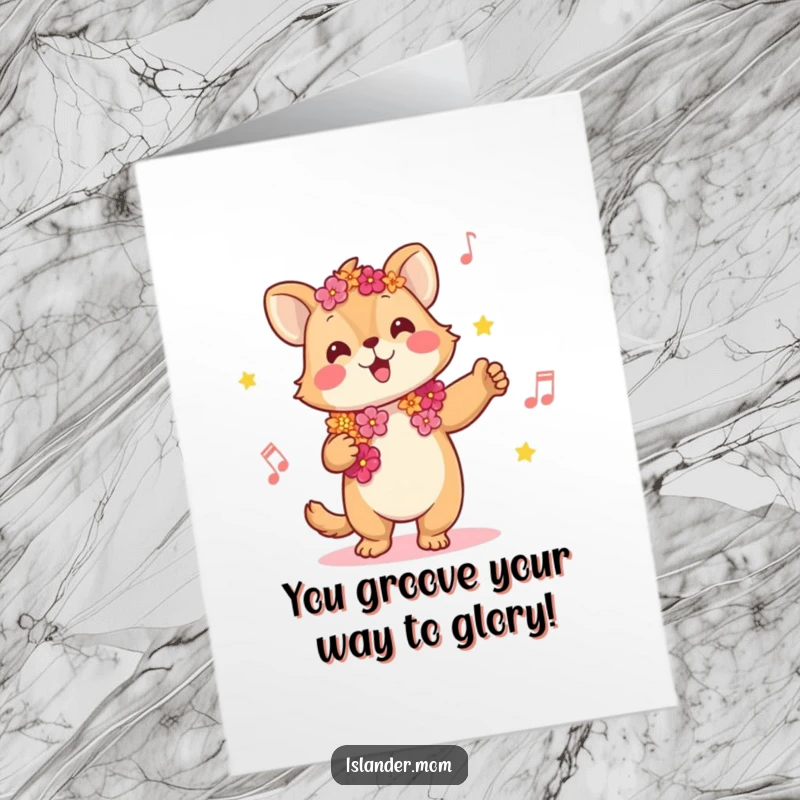 Funny Free Printable Congratulations Card: Kawaii islander animal in a lei, joyfully swaying and dancing to unseen music.