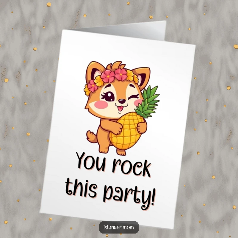 Funny free printable congratulations card: an islander animal playfully winks while holding a pineapple.