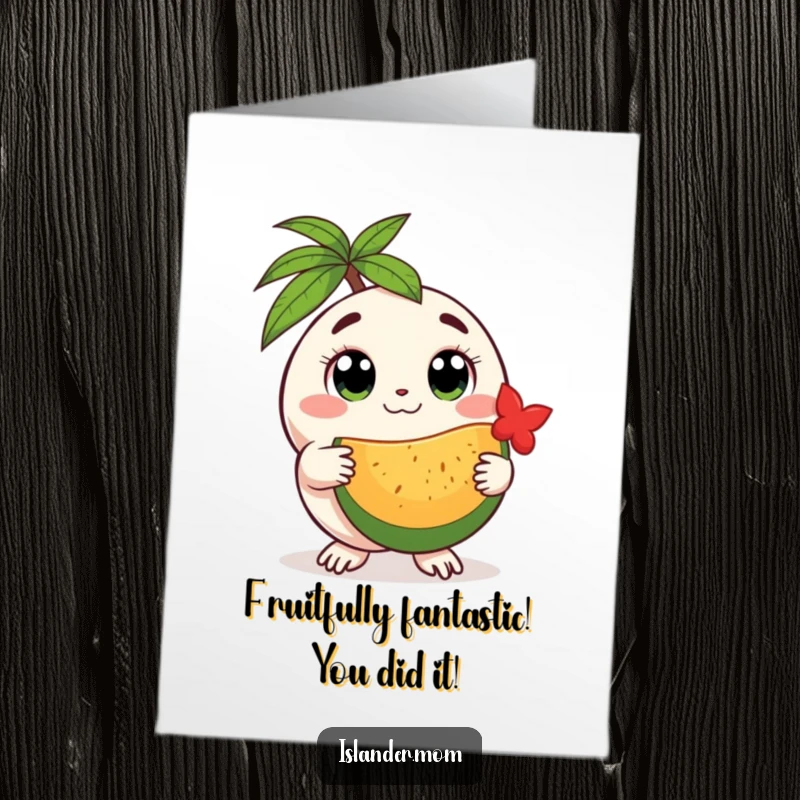 Funny Free Printable Congrats Card: Round island creature with gentle eyes offers a tropical fruit, celebrating.