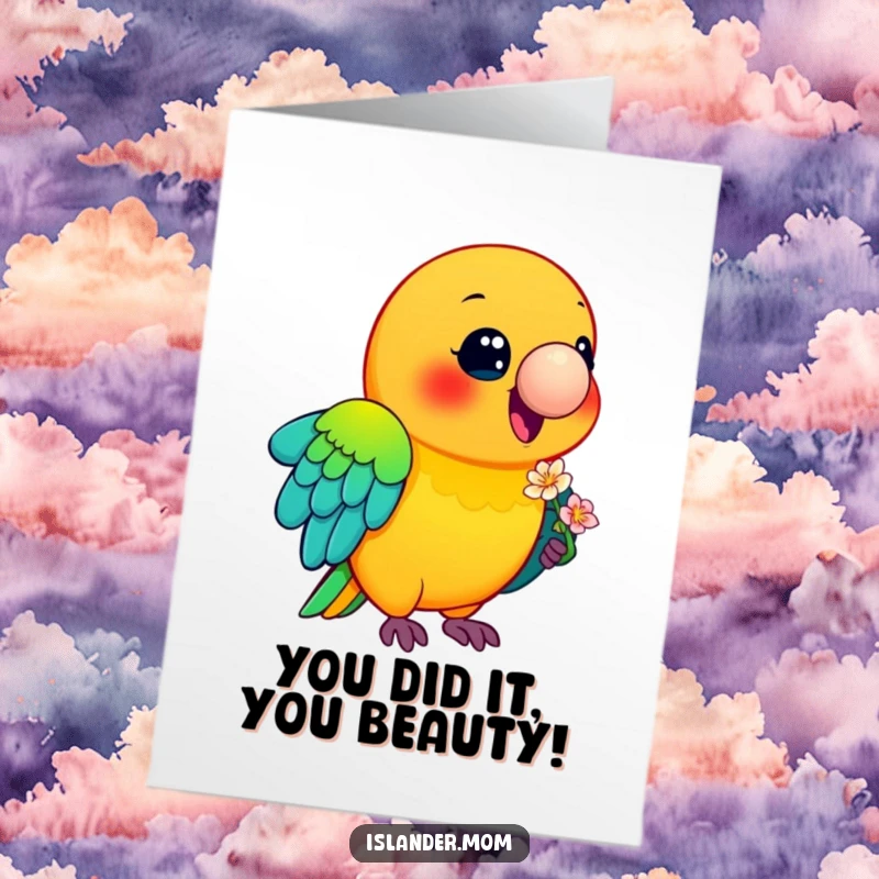 Funny Free Printable Congratulations Card showing a brightly colored parrot with a flower, celebrating success with a smile.