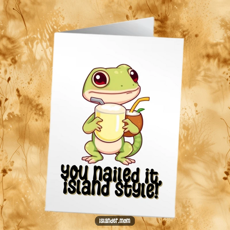 Funny Free Printable Congrats Card: Island gecko holds a coconut drink with a straw, toasting success.