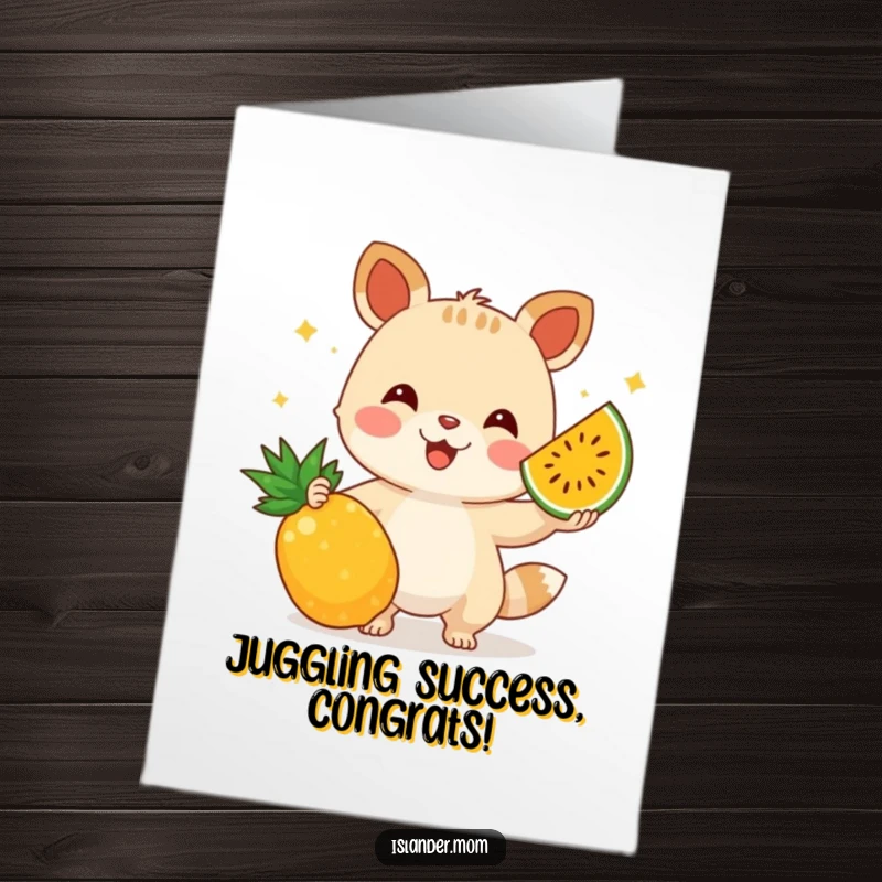 Funny free printable congratulations card showing an animal skillfully juggling tropical fruits, symbolizing a fruitful success.