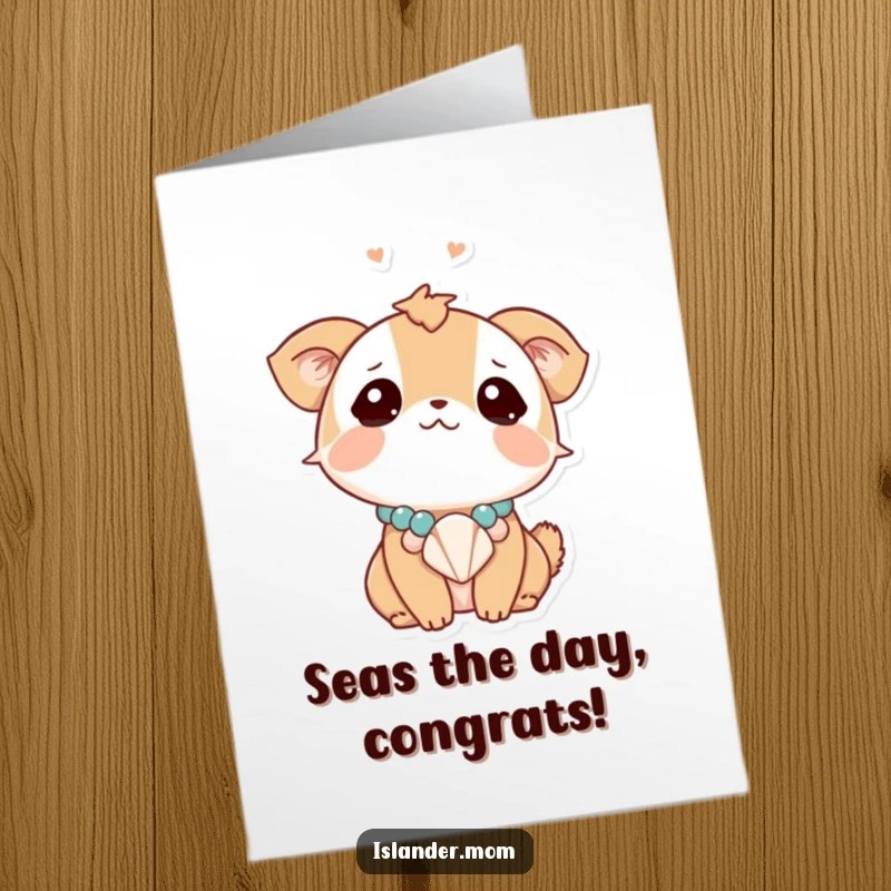 Funny Free Printable Congratulations Card: An animal wears a seashell necklace, looking dreamily upward, celebrating a wonderful new chapter.