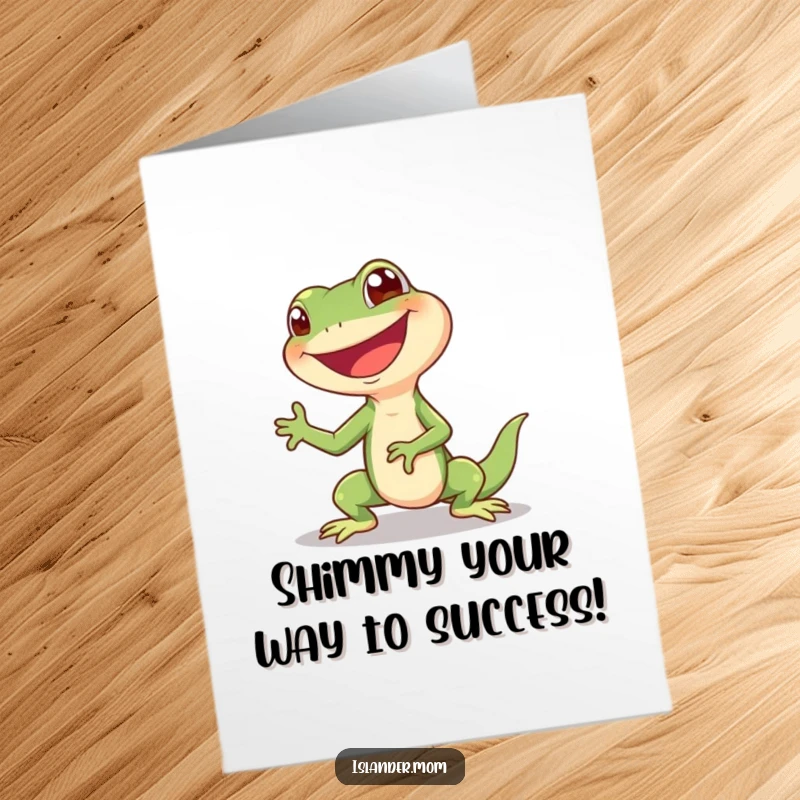 Funny Free Printable Congratulations Card featuring a giggling lizard doing a happy shimmy, celebrating achievements with enthusiasm.