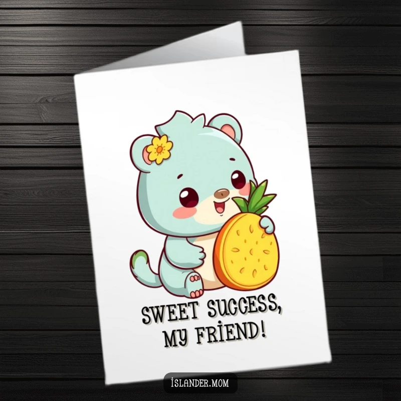 Funny Free Printable Congratulations Card: Kawaii islander animal sharing a pineapple slice with a welcoming smile.