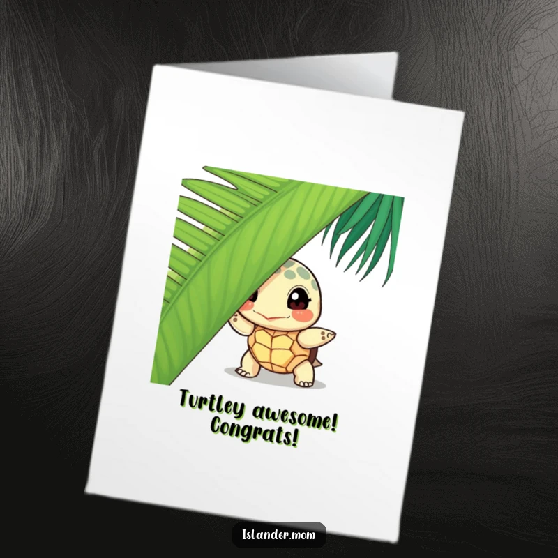 Funny Free Printable Congrats Card: Curious island turtle peeks from behind a palm leaf, sharing joy.