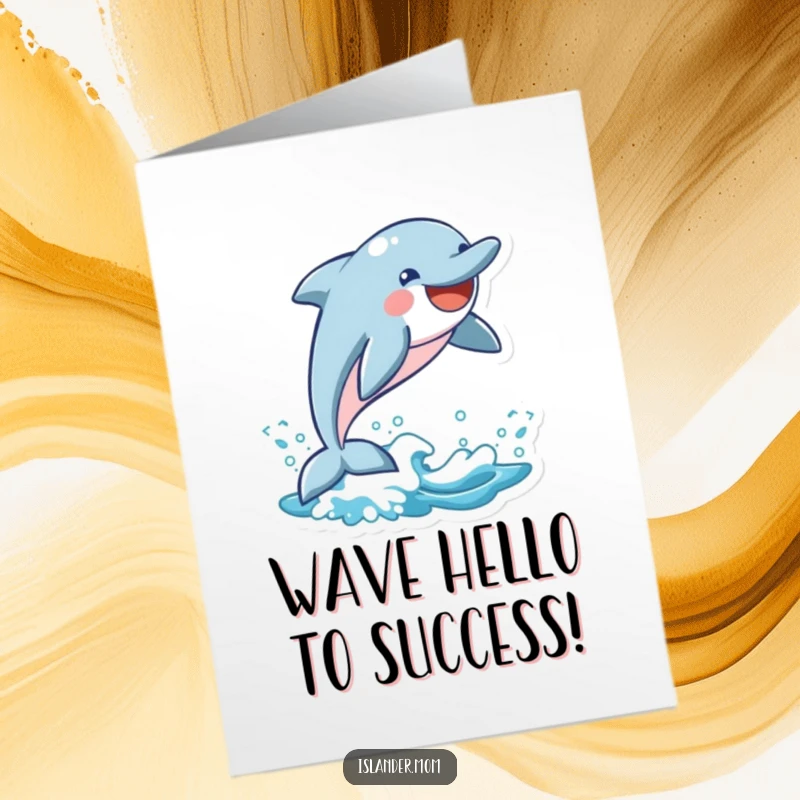 Funny Free Printable Congratulations Card with a joyful dolphin breaching a wave, celebrating accomplishments with a grin.