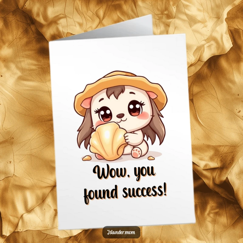 Funny free printable congratulations card of a kawaii islander animal looking amazed at a shiny seashell, signifying a wonderful discovery.