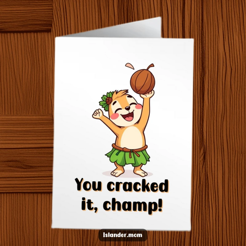 Funny Free Printable Congratulations Card: Energetic islander animal is mid-celebration, tossing a coconut with a massive grin for an achievement.