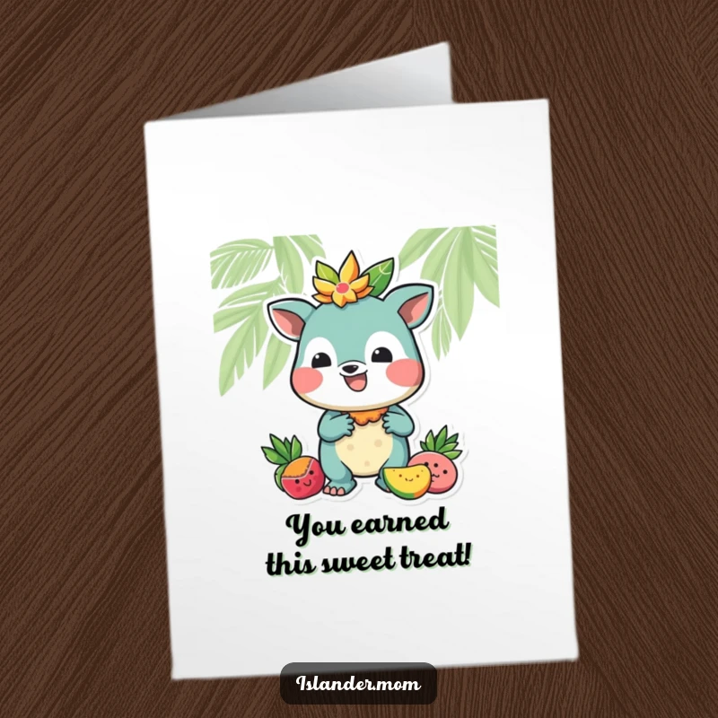 Funny Free Printable Congratulations Card: Generous islander animal presenting a luscious tropical fruit for congratulations.