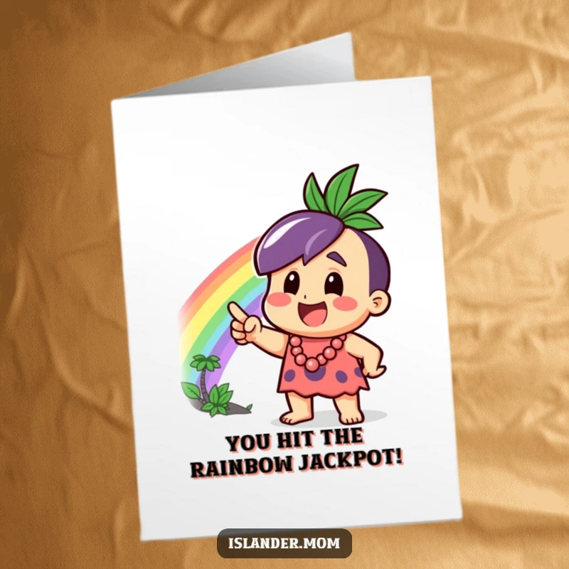 Funny Free Printable Congratulations Card: Excited islander pointing at a rainbow, celebrating success with vibrant colors.