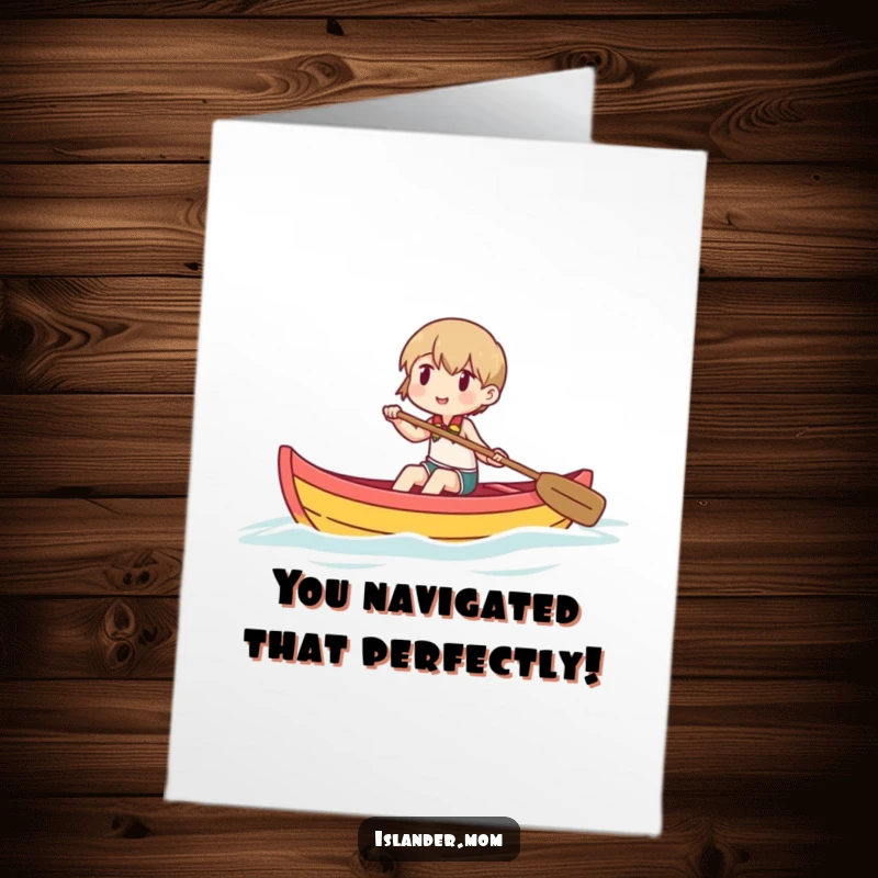 Funny Free Printable Congrats Card: Character joyfully paddling a colorful outrigger canoe, celebrating a journey, fantastic Downloadable Art.