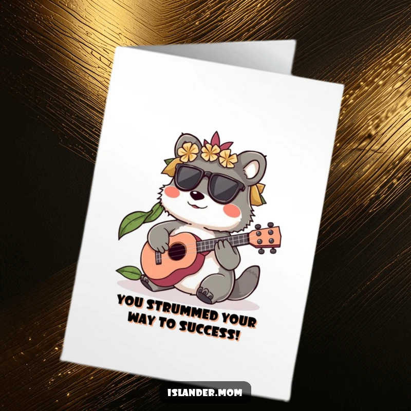 Funny Free Printable Congrats Card: Lively islander animal character serenading with a small ukulele, celebrating good news.