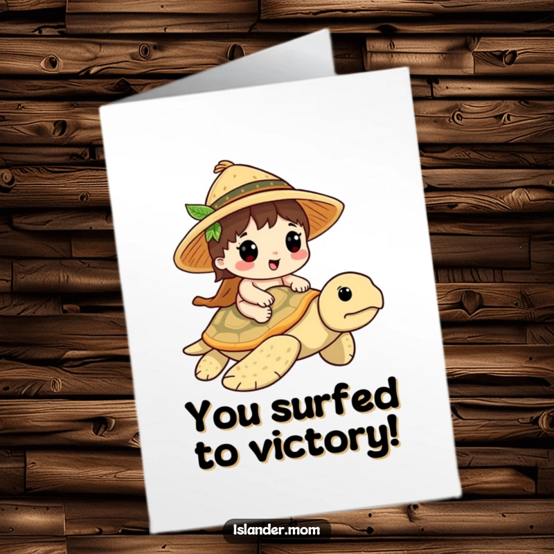 Funny Free Printable Congratulations Card: A kawaii islander wearing a straw hat rides a friendly sea turtle, celebrating progress.