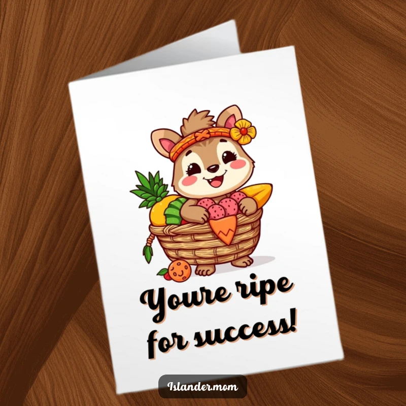 Funny Free Printable Congratulations Card: Cheerful islander animal presents a woven basket overflowing with vibrant tropical fruits for a big achievement.
