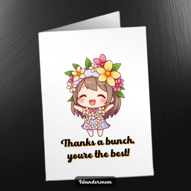 Funny Free Printable Thank You Card: Character beaming with a flower lei perfectly balanced on its head, conveying cheerful thanks.