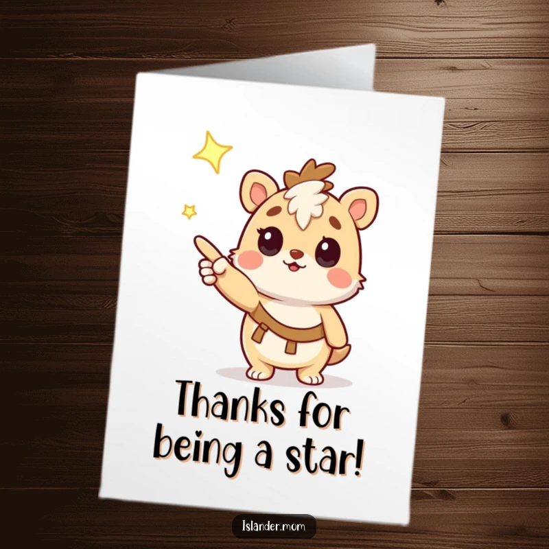 Funny Free Printable Thank You Card: Adorable islander animal points at a luminous star, conveying heartfelt thanks and admiration.