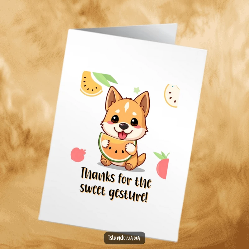 Funny Free Printable Thank You Card: A dog offers a slice of tropical fruit with a friendly, welcoming smile.
