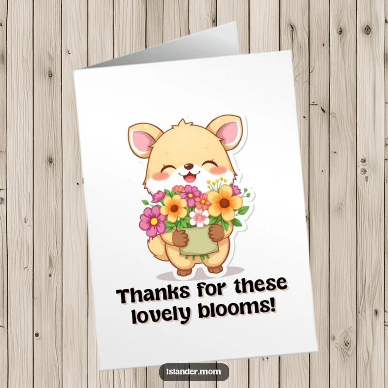 Funny Free Printable Thank You Card: A giggling animal presents a beautiful flower gift, conveying heartfelt thanks with joy.